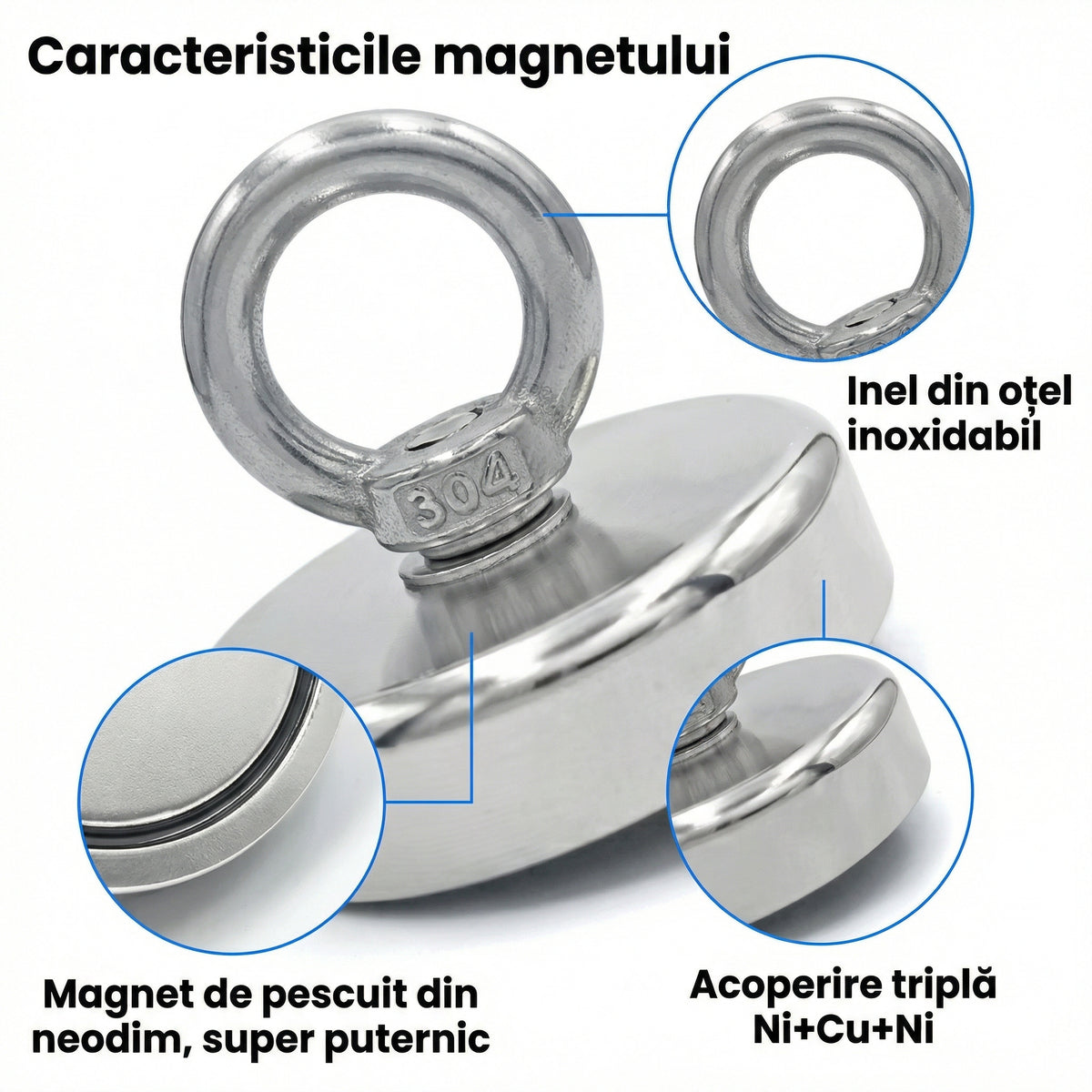 Magnet Super Puternic pentru Pescuit și Recuperare Obiecte, cu Orificiu Îngropat și Inel de Prindere