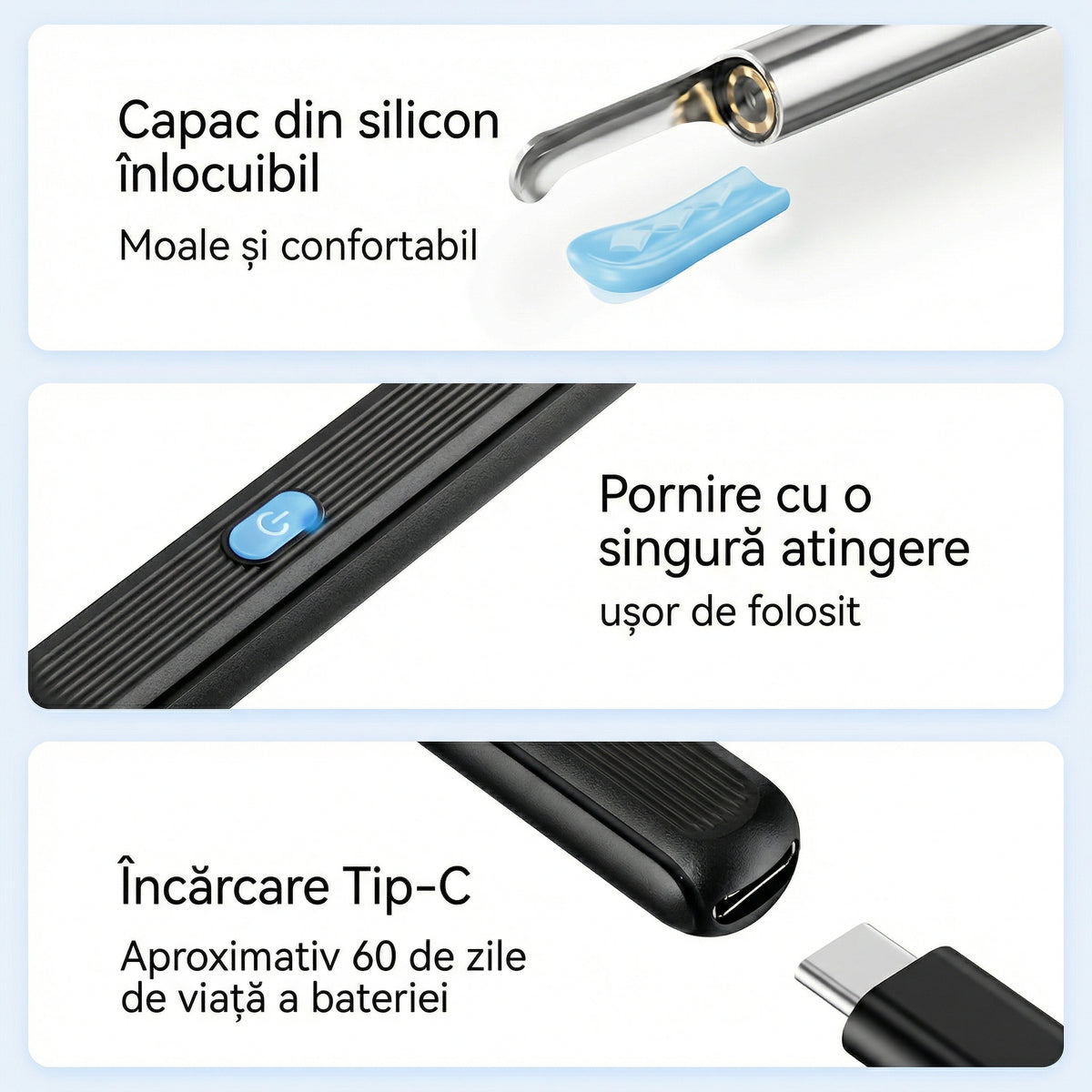 Kit de Îndepărtare Ceară de Urechi fără Fir cu 7 Piese, Cameră și Lumină, 6 Vârfuri, pentru iOS și Android