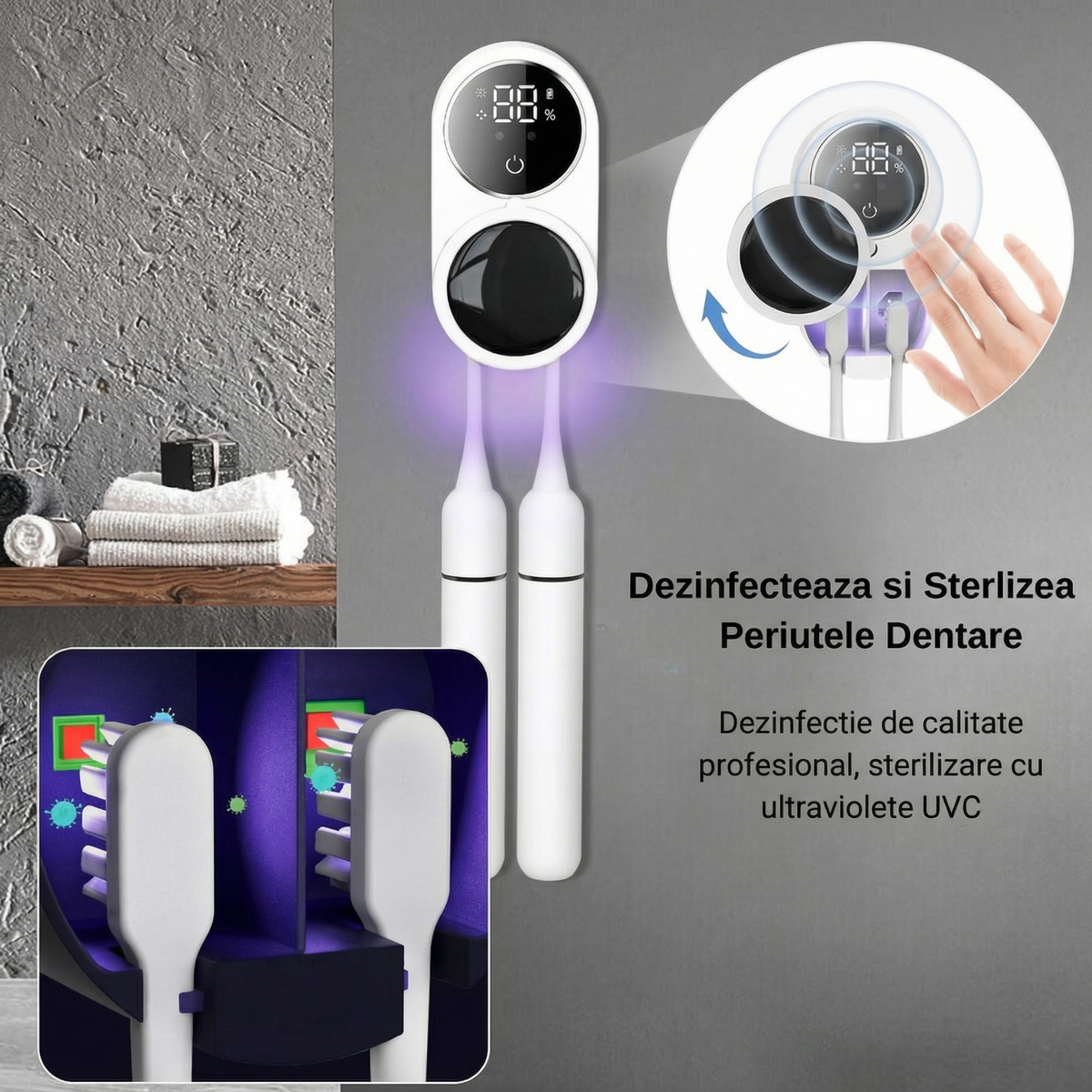 Sterilizator UV-C Inteligent pentru Periuțe de Dinți – Dezinfectare Automată 24/7, Uscare și Display HD