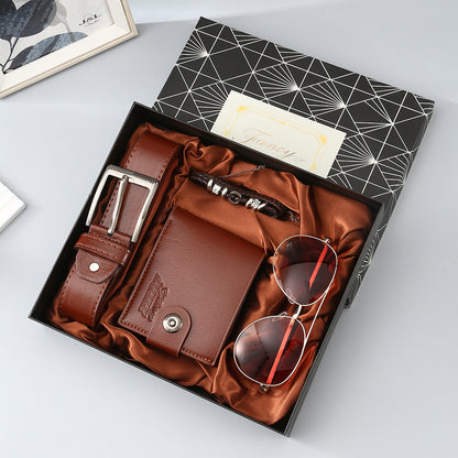 Set Cadou Bărbați 5-în-1 – Ochelari, Portofel, Curea, Brățară + Accesorii