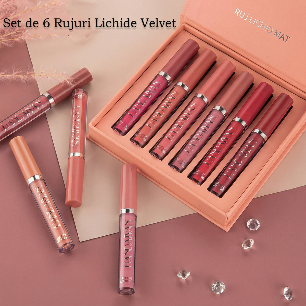 Set de 6 Bucăți Ruj Lichid Mat - Rezistent la Apă, de Lungă Durată, Acoperire Completă, fără Lipici, cu 6 Nuanțe