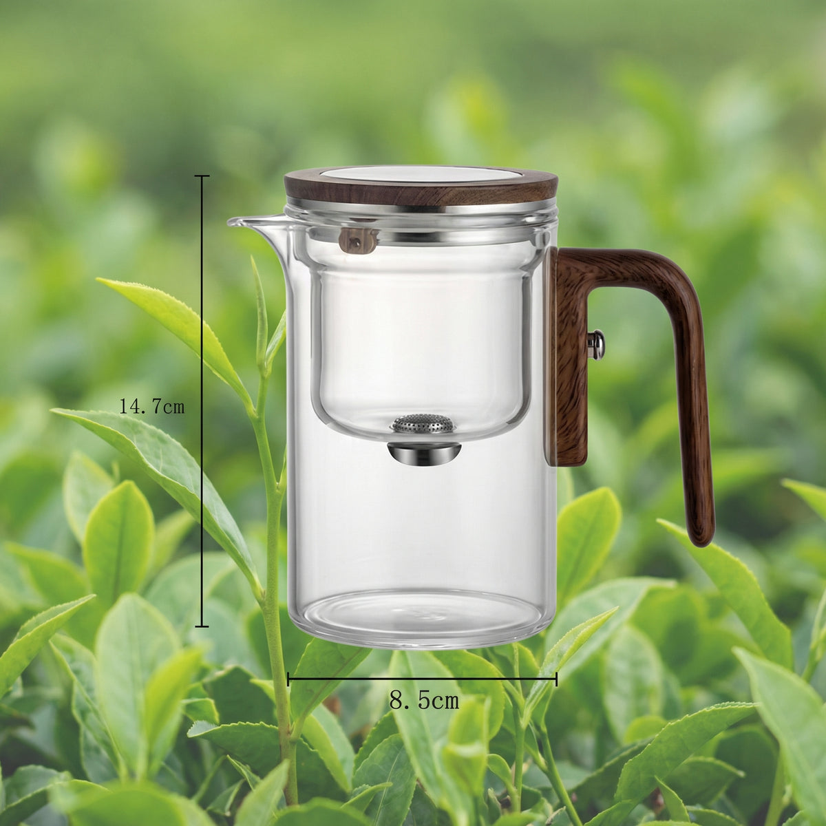 Pahar 2 în 1 — Pahar și Ceainic 600 ml din Sticlă cu Mâner de Lemn