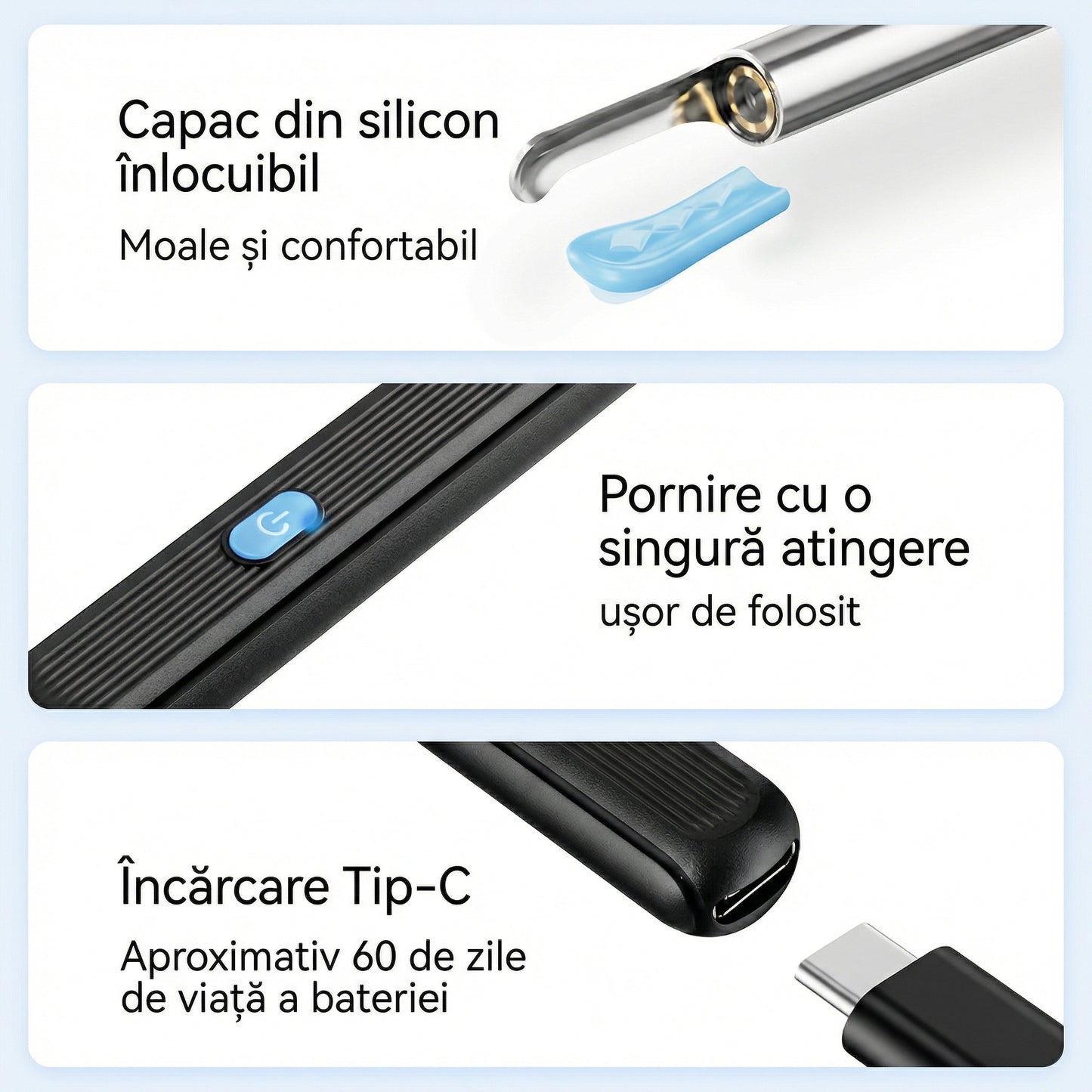 Kit de Îndepărtare Ceară de Urechi fără Fir cu 7 Piese, Cameră și Lumină, 6 Vârfuri, pentru iOS și Android