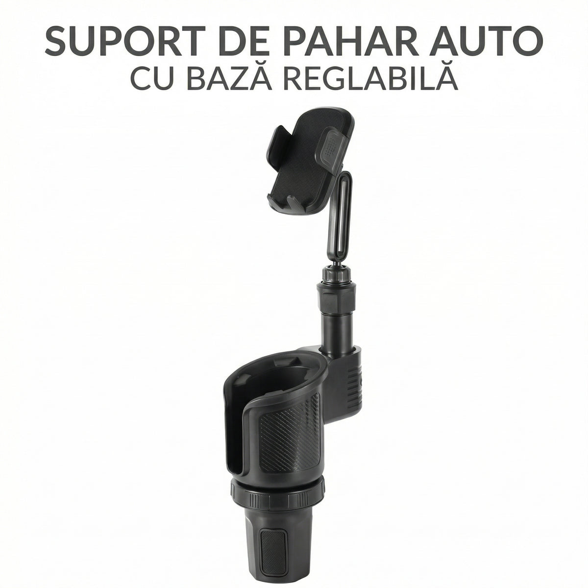 Suport Auto pentru Telefon cu Extensie pentru Suportul de Pahar – Rotire 360°, Multifuncțional