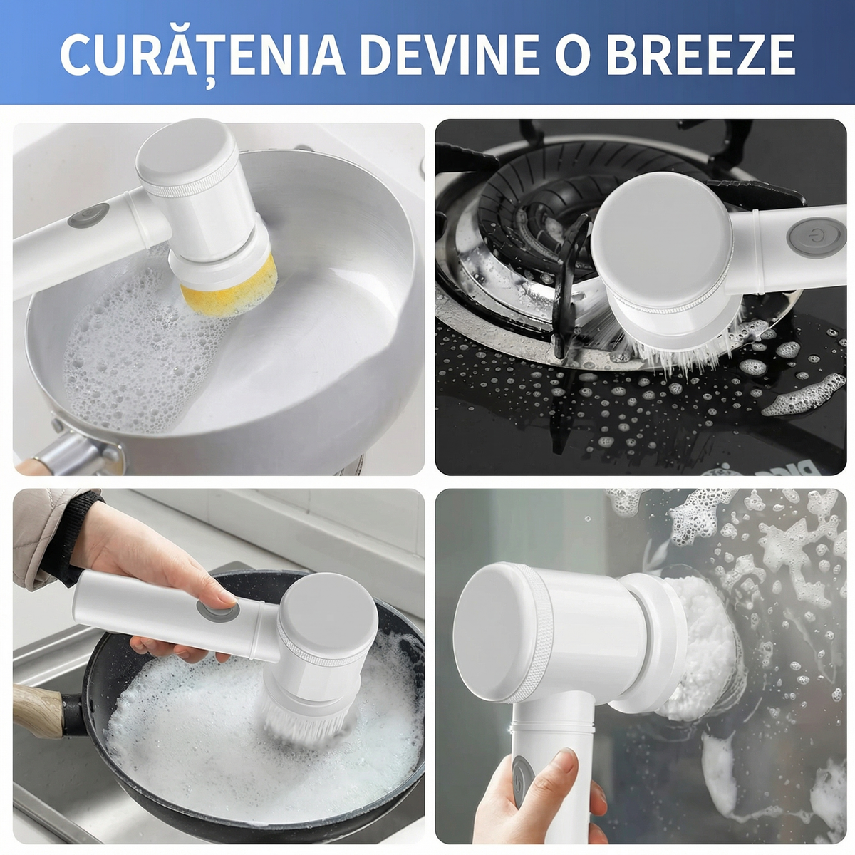 Set Perie Electrică Multifuncțională, 4 Capete de Curățare