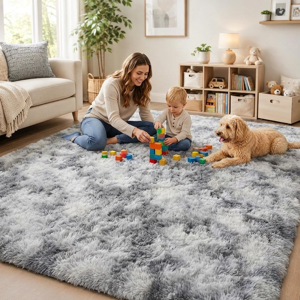 Covor pufos gri deschis 200x280 cm – loc de joacă