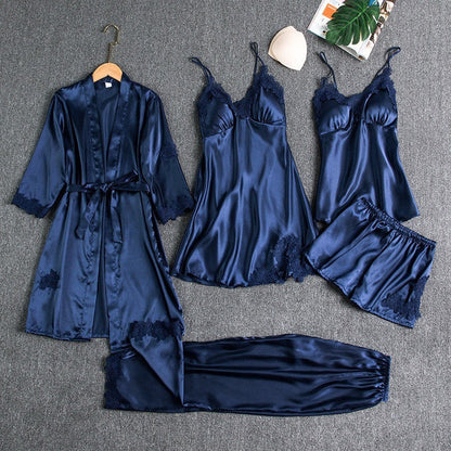 Set 5 pijamale din satin cu dantelă, Navy Blue
