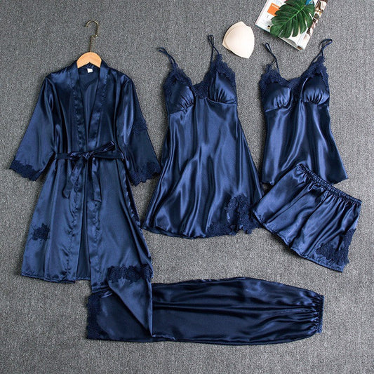 Set 5 pijamale din satin cu dantelă, Navy Blue
