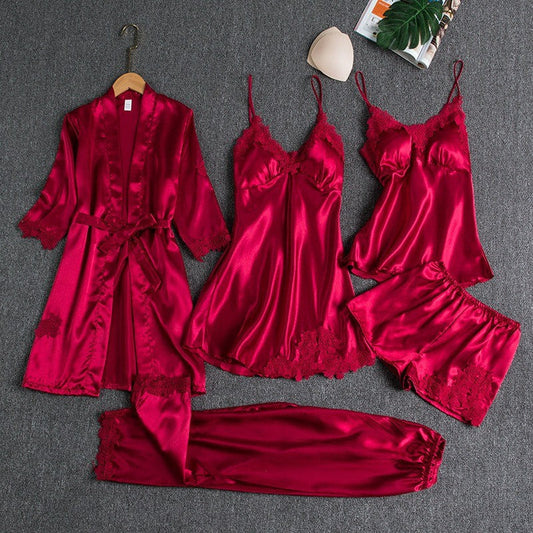Set 5 pijamale din satin cu dantelă, Roșu