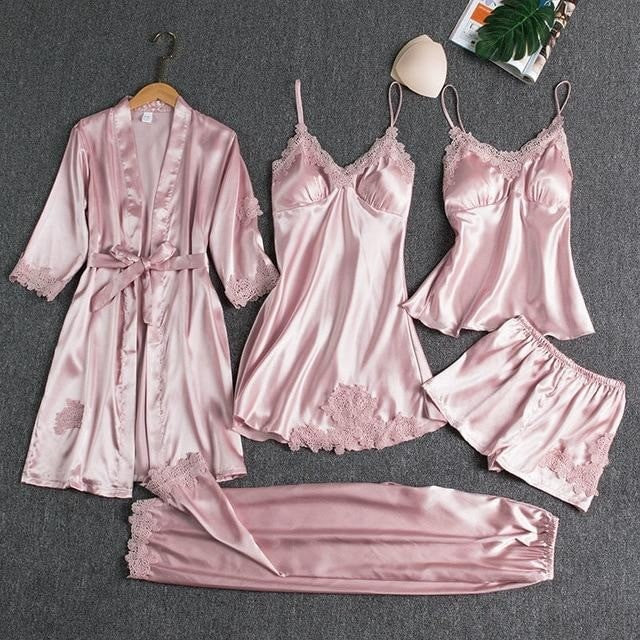 Set 5 pijamale din satin cu dantelă, Roz