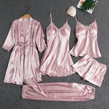 Set 5 pijamale din satin cu dantelă, Roz