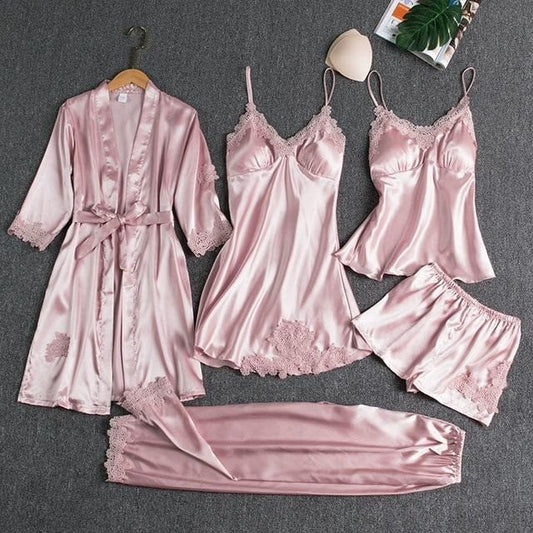 Set 5 pijamale din satin cu dantelă, Roz