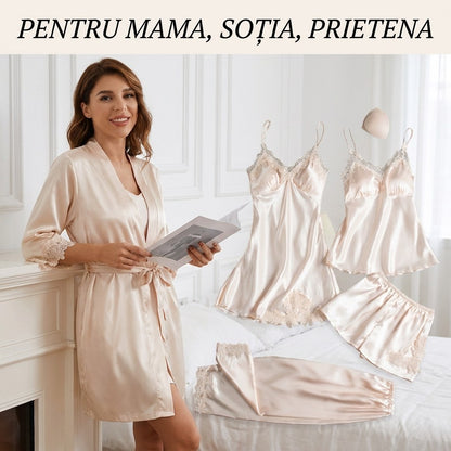 Set 5 pijamale din satin cu dantelă